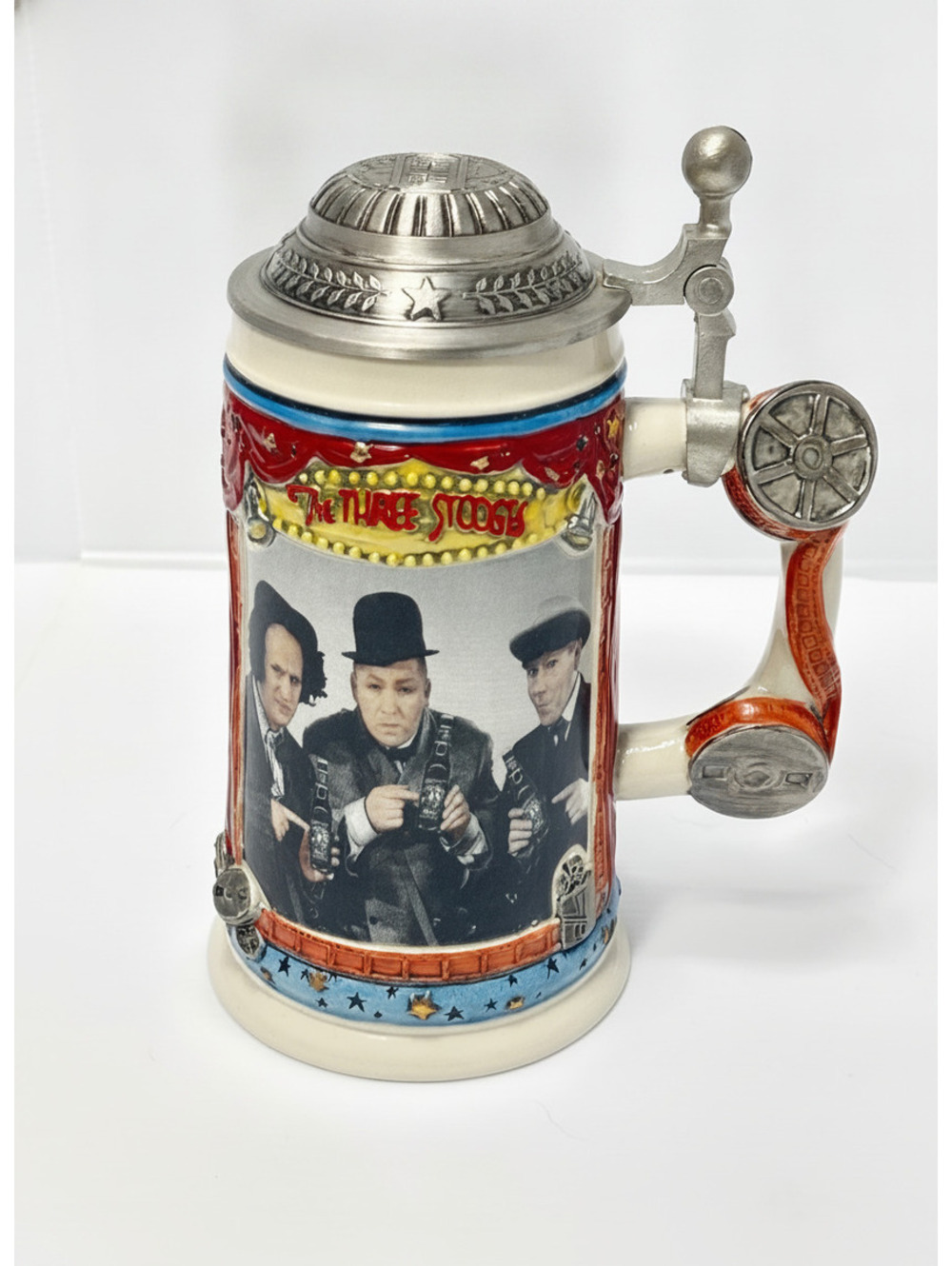 The Three Stooges Vintage Ceramic Beer Stein Mug Pewter Lid 95% Zinn Collectible